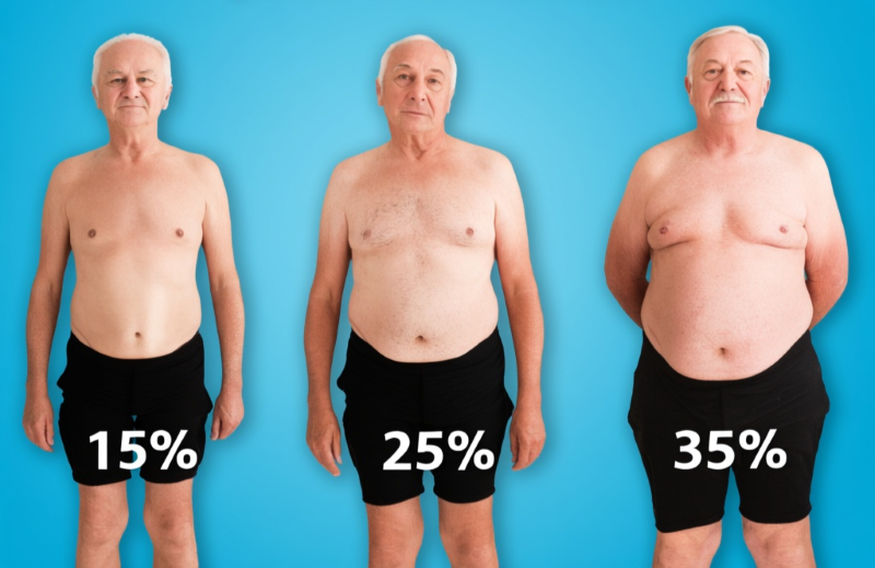 Comparaison visuelle des pourcentages de masse grasse chez les hommes de plus de 50 ans