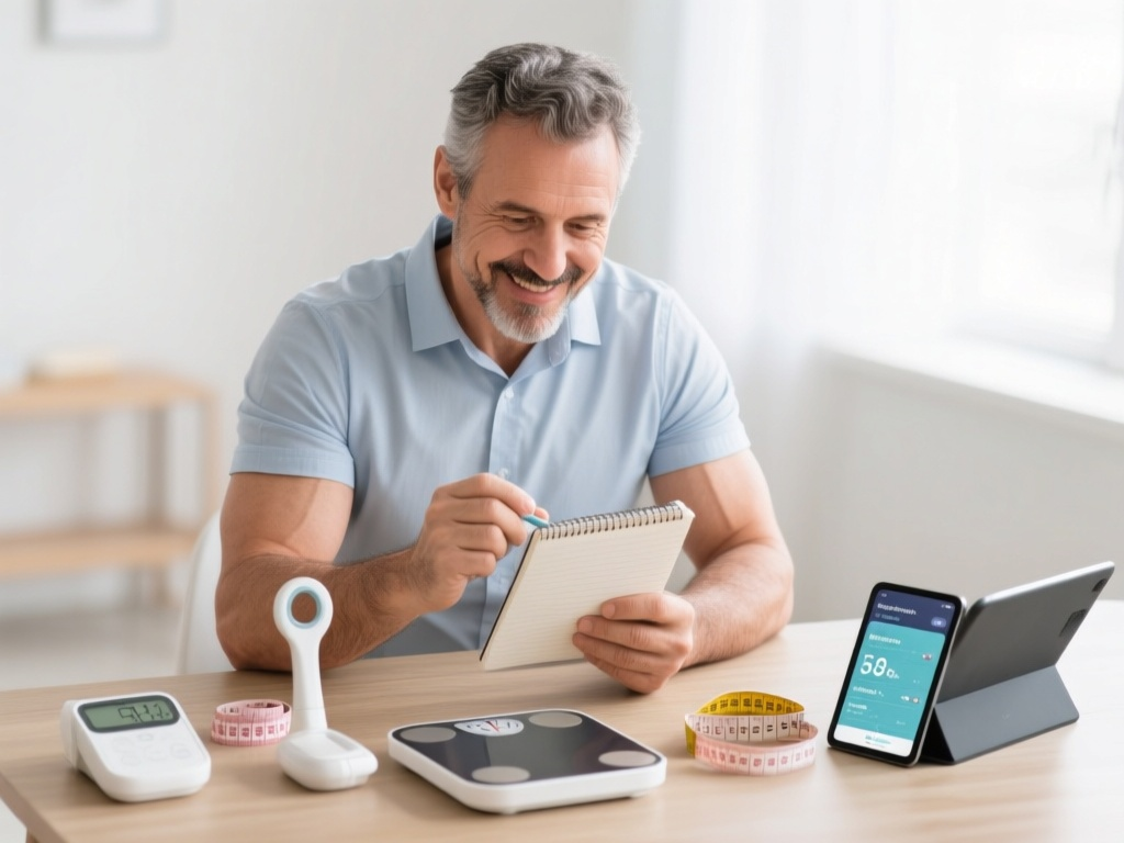 Homme utilisant différentes méthodes de mesure corporelle